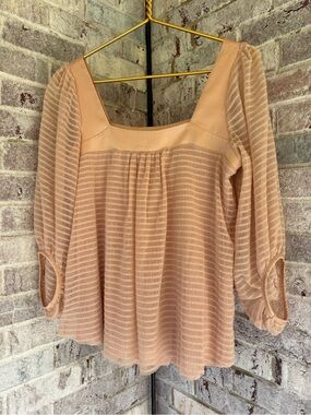 Meadow Rue Peach Sheer-Striped Square Neck Blouse